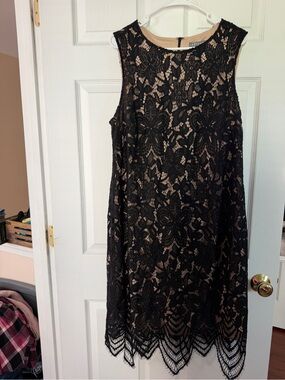 Sharagano Black Lace Dress with Nude Lining